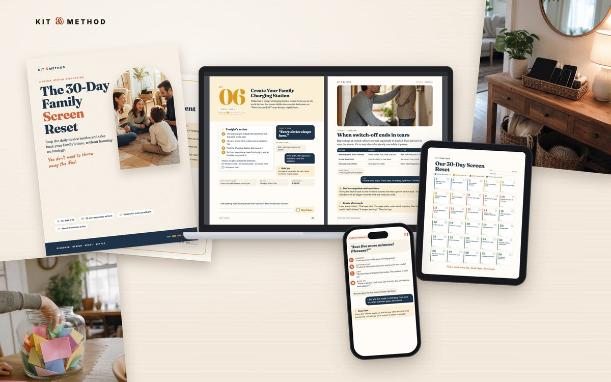 The Family Screen Reset kit: guide cover, daily pages on a laptop, parent scripts on a phone and the 30-day calendar on a tablet