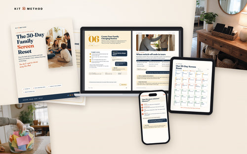 The Family Screen Reset kit: guide cover, daily pages on a laptop, parent scripts on a phone and the 30-day calendar on a tablet