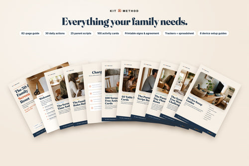 Every part of the Family Screen Reset kit fanned out: guide, audit, rules builder, signs, activity cards, scripts, phone reset, challenge and setup guides