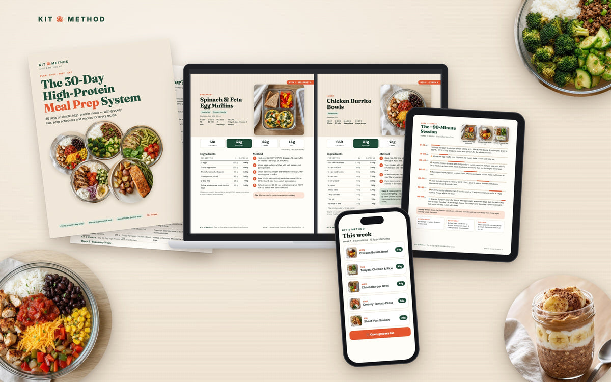 The 30-Day High-Protein Meal Prep System: guide cover, recipe pages on a laptop, the weekly plan on a phone and a prep blueprint on a tablet