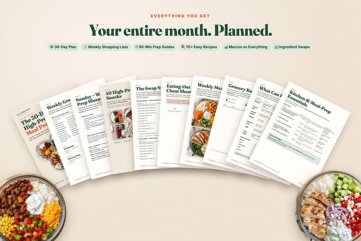 Every part of the 30-Day High-Protein Meal Prep System fanned out: guide, grocery lists, prep blueprints, snacks, swaps, eating-out sheet, planner, tracker, matrix and kitchen guide