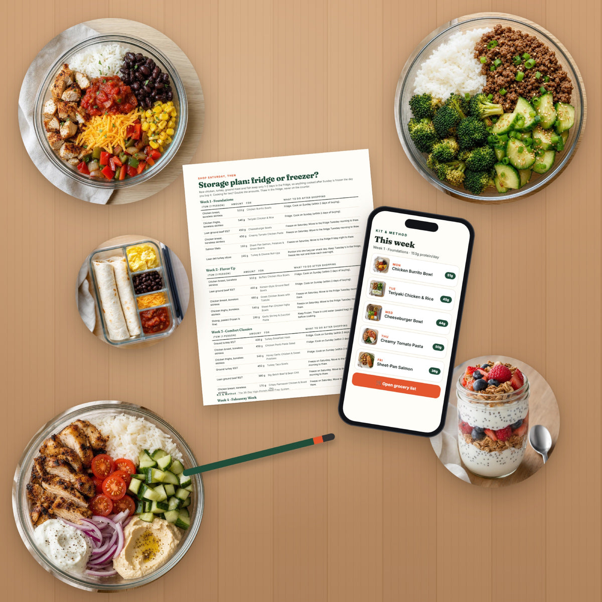 Printed meal prep pages and prepared meals on a kitchen table