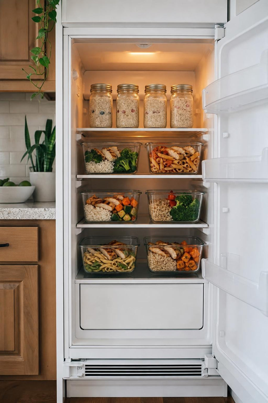 Meal-prep containers stacked in a fridge