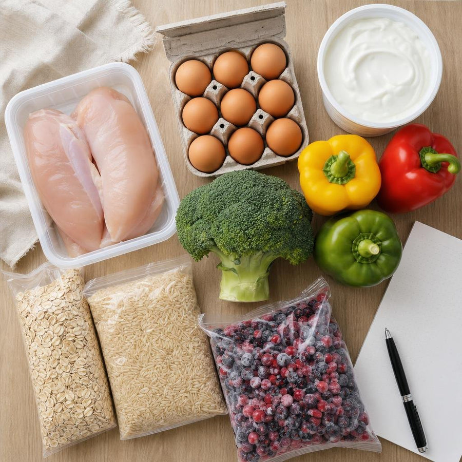 A week of groceries on a kitchen counter